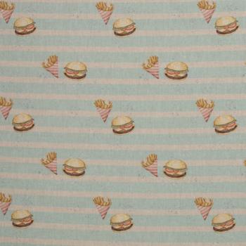 Dekodruck Hamburger & Pommes auf hellblau gestreift von Swafing